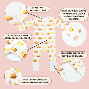 the wee bean dim sum bamboo organic reversible zipper convertible romper in dim sum features