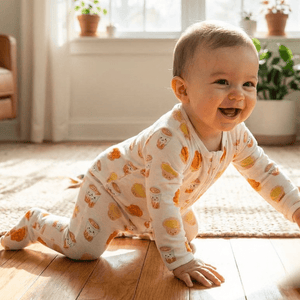 Baby in a an egg tart and pineapple bun onesie sitting on a wooden floor with plants in the background