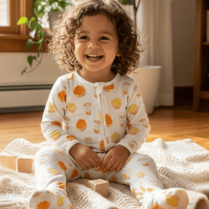 Child wearing a cha chaan teng the wee bean onesie sitting on a blanket indoors