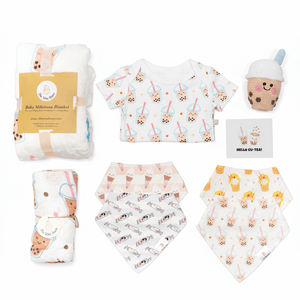 Boba Collection of baby products including a blanket, t-shirt, bib, and toys gift set