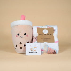 the wee bean boba milk tea snuggles gift set with boba plushie, boba minky fleece blanket in gift set