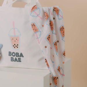 The Wee Bean eco-friendly canvas reusable tote bag in Boba Bae side view