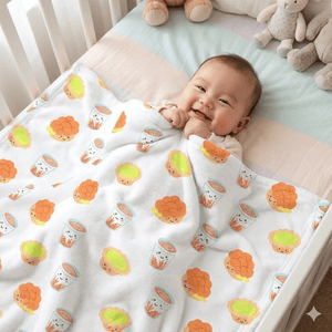 cute baby in the wee bean cha chaan teng's fleece blanket with egg tarts, pineapple bun, milk tea