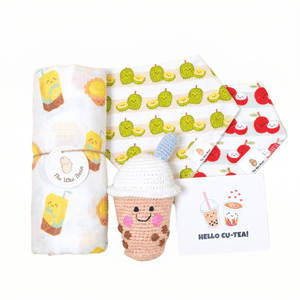 organic cotton and sustainable baby gift set in egg tart and lemon tea, durian and lychee with swaddle, bib set and organic cotton crochet rattle doll