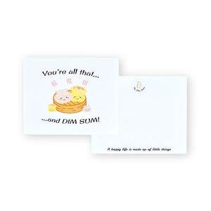 Two cards with dim sum illustrations and humorous text on a white background
