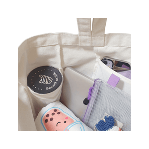 The wee bean eco-friendly canvas tote with pocket for water bottle features