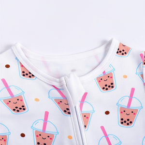 the wee bean bamboo romper with reversible double zipper romper in boba bubble tea with neck cover to protect against zipper