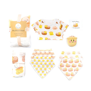 the wee bean organic and sustainable baby gift set with dim sum organic cotton onesie, swaddle, bib set, milestone blanket and crochet rattle doll