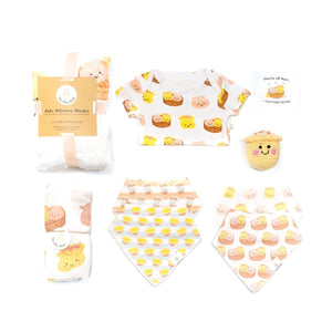 The Wee Bean Big Welcome Home Baby Gift Set including milestone blanket, bamboo swaddle, organic cotton bibs, organic cotton onesie, siu mai rattle doll, gift card and gift bag