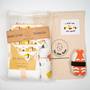 the wee bean welcome to the world baby sushi gift set with eco-friendly sustainable gift packaging