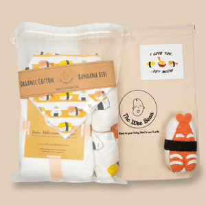 the wee bean welcome to the world baby sushi gift set with eco-friendly sustainable gift packaging