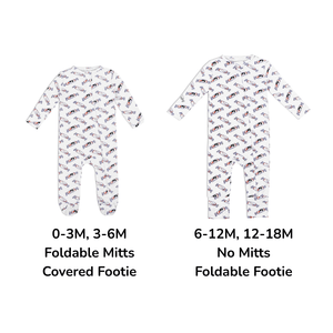 Two baby footies with different sizes and features on a white background