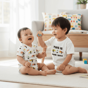 Two children sitting on a rug in a living room, laughing and playing wearing sushi clothing