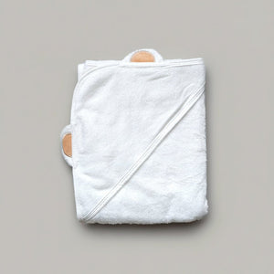 Folded white hooded bamboo baby kids towel with brown bear ears