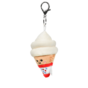 Plush ice cream cone keychain with a face on a white background