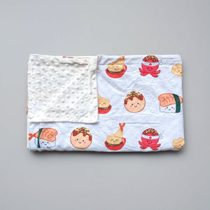 the wee bean minky fleece blanket in takoyaki tempura and ebi shrimp sushi taste of japan