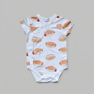 the wee bean organic cotton onesie clothing romper in bakery buns sausage bun cocktail bun coconut cream bun newborn kimono style