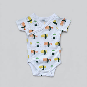 the wee bean organic cotton onesie clothing romper in sushi nigiri ebi shrimp tamago and onigiri newborn kimono style