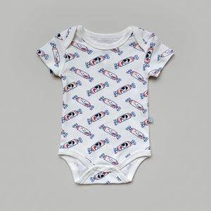 the wee bean baby organic clothing onesies romper in white rabbit candy print