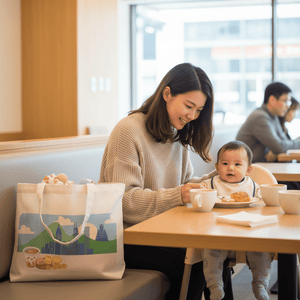Woman and child sitting at a table in a restaurant with a tote bag featuring a hong kong cityscape design.