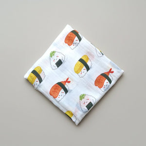 the wee bean taste of japan organic cotton and bamboo swaddle in sushi ebi shrimp and tamago egg nigiri and onigiri