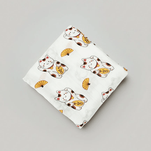 Organic Bamboo Swaddle Blanket - Lucky Cat Maneki Neko - The Wee Bean