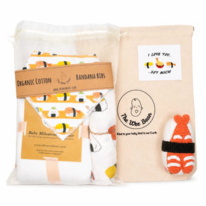 the wee bean welcome to the world baby sushi gift set with eco-friendly sustainable gift packaging