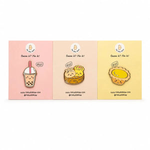 the wee bean 3pcs enamel pins set in Boba Tea, Dim Sum Hargow Siu Mai and Egg Tart