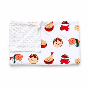 the wee bean minky fleece blanket in takoyaki tempura and ebi shrimp sushi taste of japan