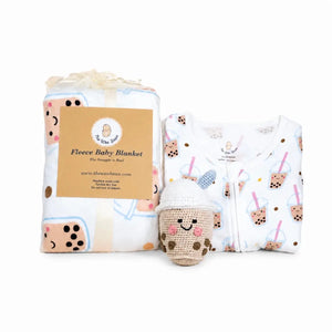 the wee bean sleepwear slumber organic gift set with boba minky fleece sensory blanket, zip romper and rattle doll