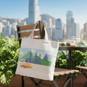 Tote bag with a cityscape design on a chair with hong kong city skyline in the background
