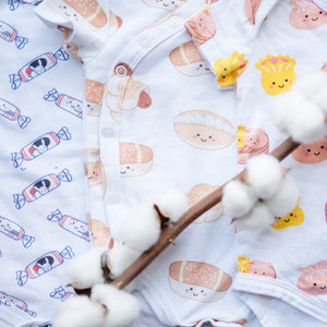 the wee bean super soft organic cotton baby onesies in bakery bun, rabbit candy and dim sum