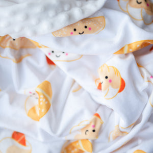 the wee bean super soft fleece minky blanket in chinese bakery buns with sausage bun, cocktail bun and coconut cream bun close up texture