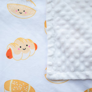 the wee bean super soft fleece minky blanket in chinese bakery buns with sausage bun, cocktail bun and coconut cream bun close up texture