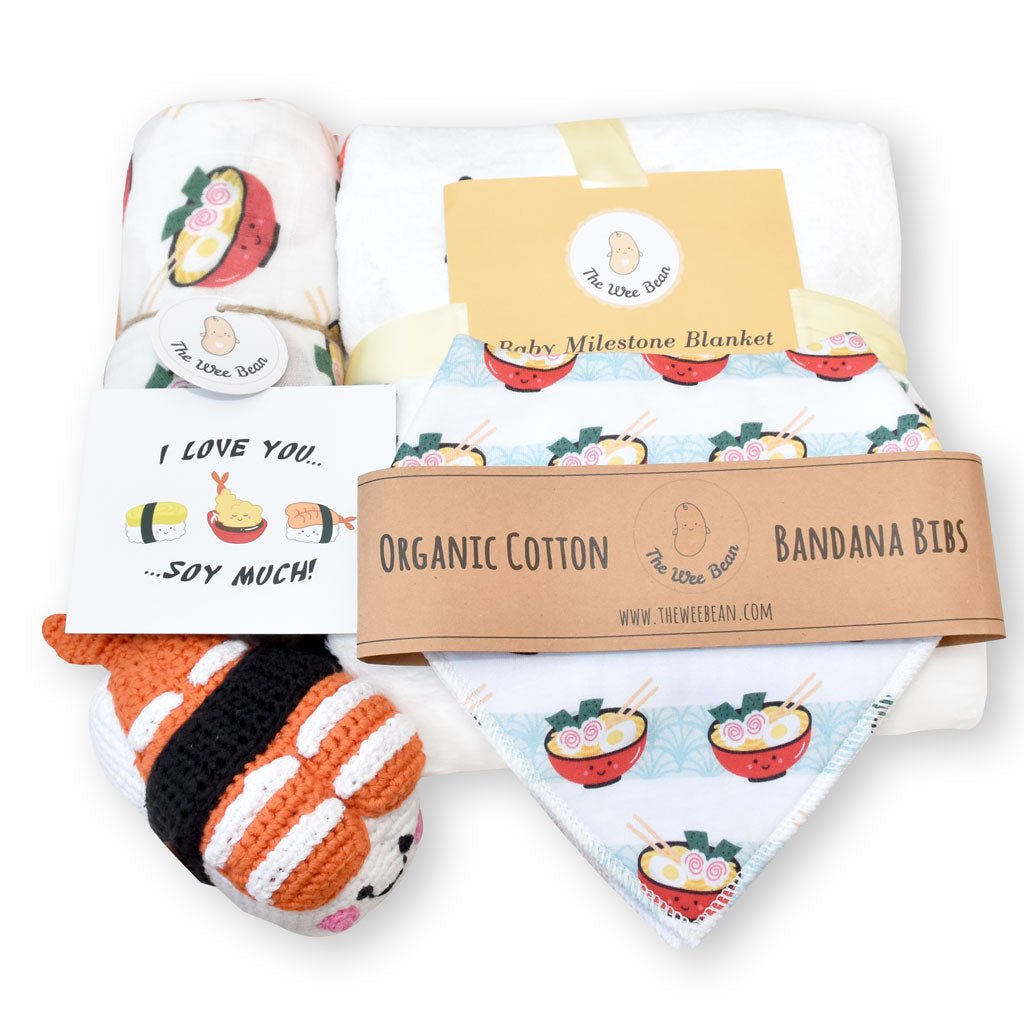 the wee bean organic and sustainable baby gift set blankets and bibs in ramen and sake taste of Japan