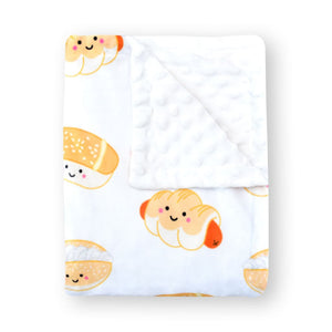 the wee bean super soft baby blanket folded up minky fleece blanket hong kong foods bakery buns sausage bun cocktail bun coconut cream bun hong kong bakeries
