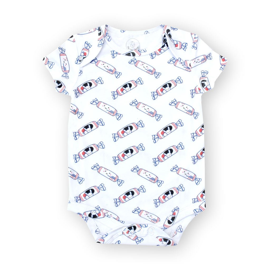 the wee bean baby organic clothing onesies romper in white rabbit candy print