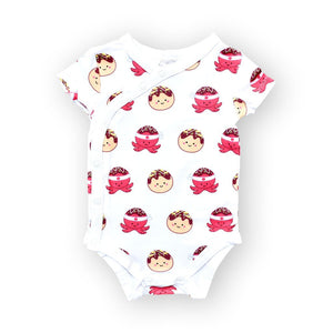 the wee bean organic cotton baby onesie bodysuit in takoyaki octopus balls with side snap buttons