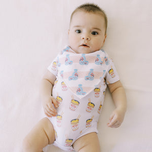 cute baby in the wee bean organic cotton onesie bodysuit in cup noodle