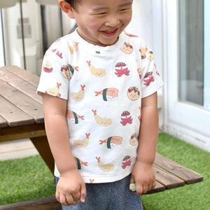cute boy wearing the wee bean organic cotton tee t-shirt in izakaya taste of japan tempura takoyaki and sushi
