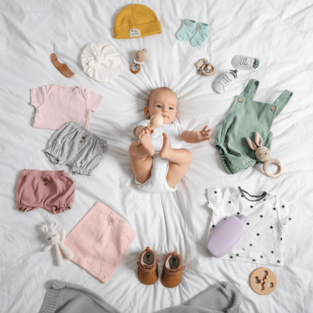 Baby is surrounded by baby clothes and essentials