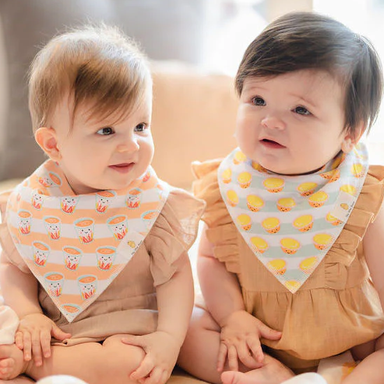 babies wearing the wee bean organic cotton baby bandana bibs egg tart milk tea
