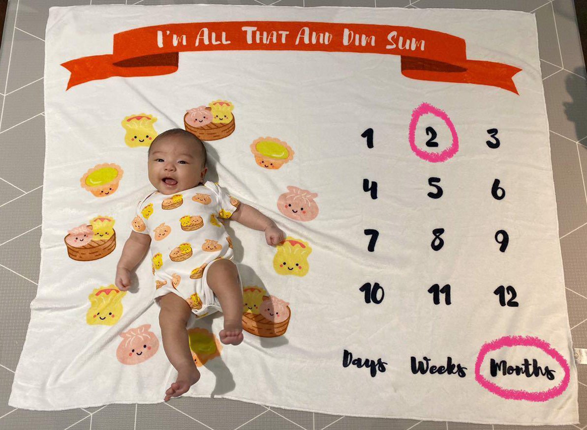 Elaina on the wee bean dim sum milestone blanket