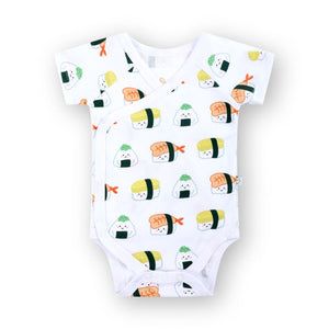 the wee bean organic cotton onesie clothing romper with side snap buttons kimono style in sushi