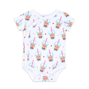 the wee bean organic cotton baby onesies in boba with kimono side snap buttons