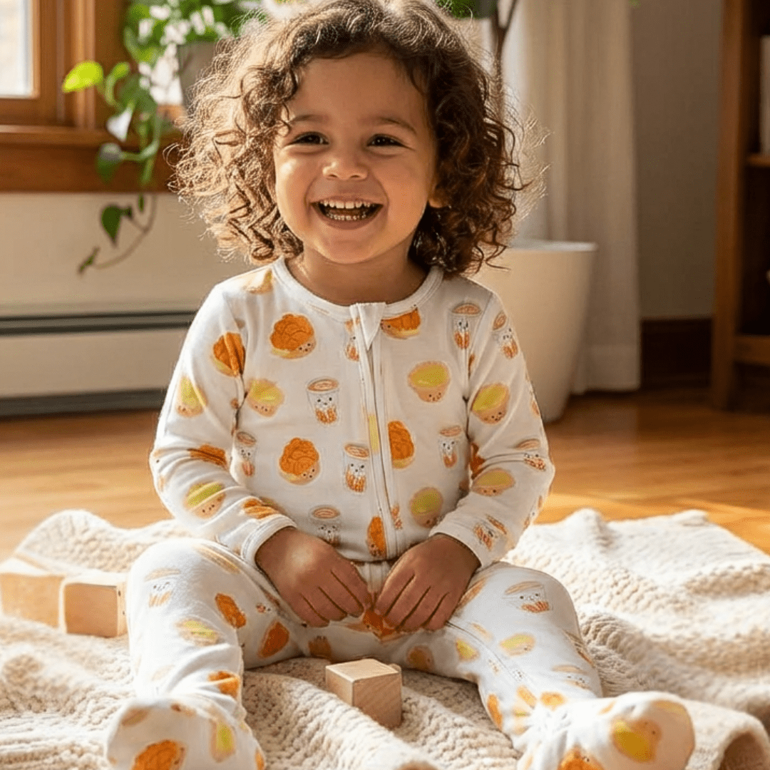 Child wearing a cha chaan teng the wee bean onesie sitting on a blanket indoors