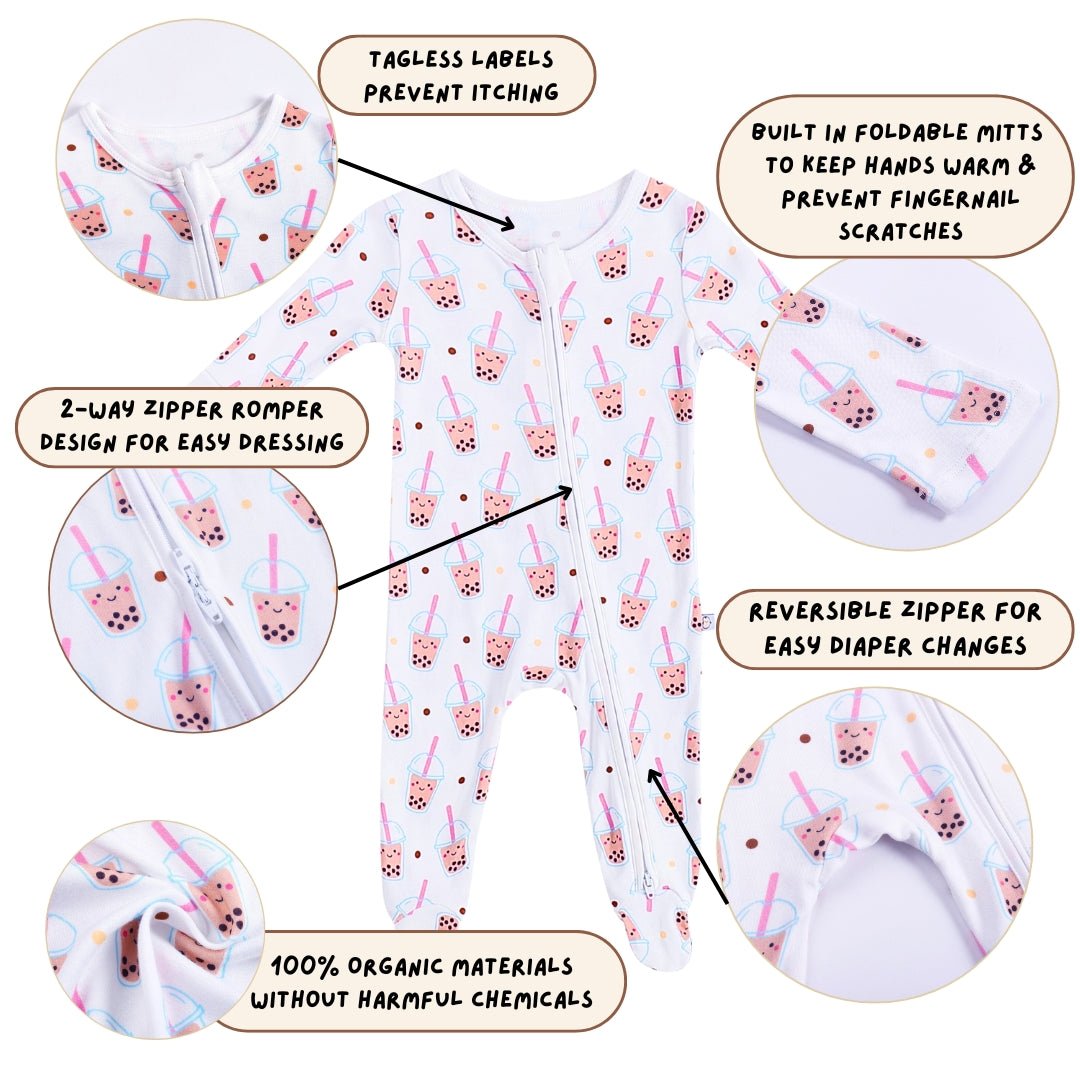 the wee bean bamboo zip romper in boba showing features