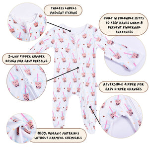 the wee bean bamboo zip romper in boba showing features