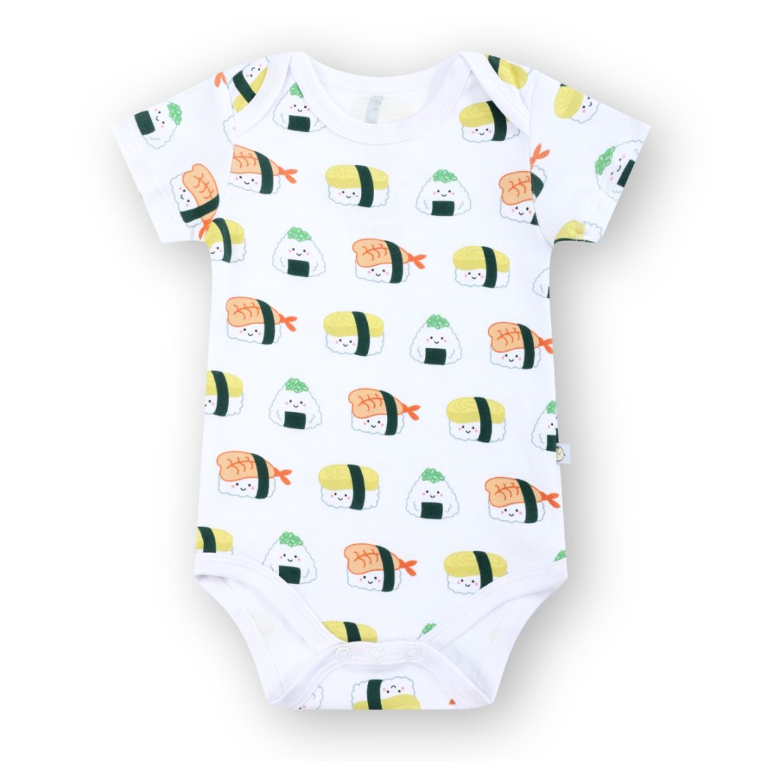 the wee bean organic cotton onesie clothing romper in sushi nigiri ebi shrimp tamago and onigiri