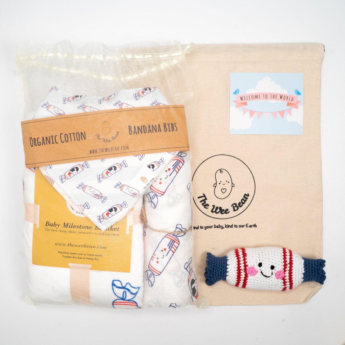the wee bean organic cotton bamboo baby newborn baby shower gift set swaddle bib set milestone blanket fair trade doll white rabbit candy
